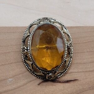 Large Antique Amber Art Deco Bohemian Glass Gold Tone Filagree‎ Brooch Pin